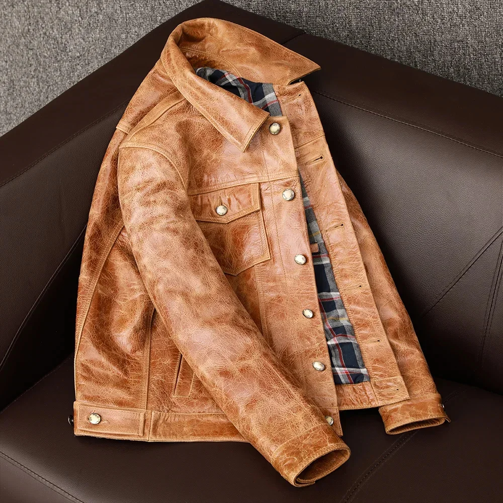 2025 Classic Casual Yellow Brown Plus Size Cowhide Leather Jacket Men's Vegetable Tanned Batik Head Skin Coat Autumn Winter