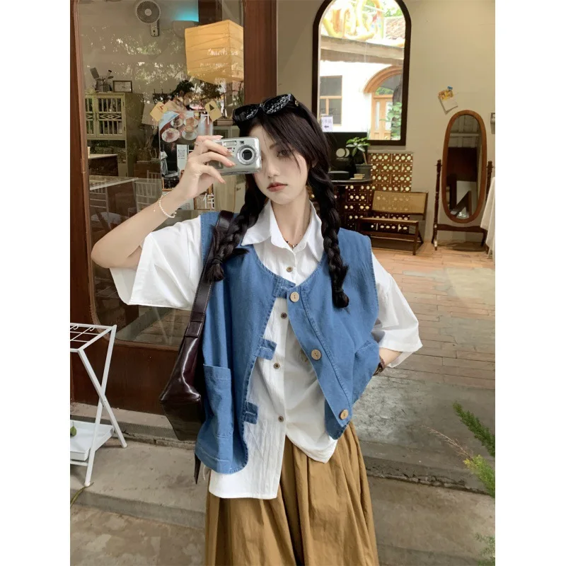 

Shpmishal 2024 Spring/Summer New Hong Kong Style Retro Denim Vest Shirt Top High Waist Skirt Three Piece Set Female Clothing