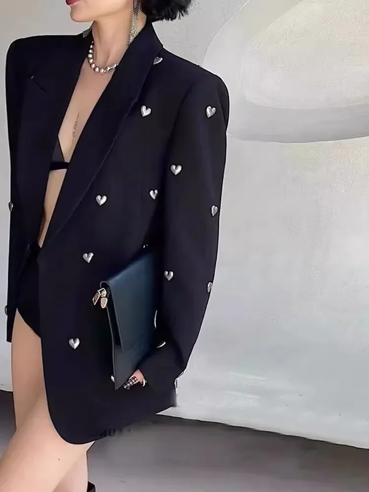 Spring Autumn New Black Heavy Industry Diamond-encrusted Suit Jacket Female High-end Design Sense Minority Street Blazer E14