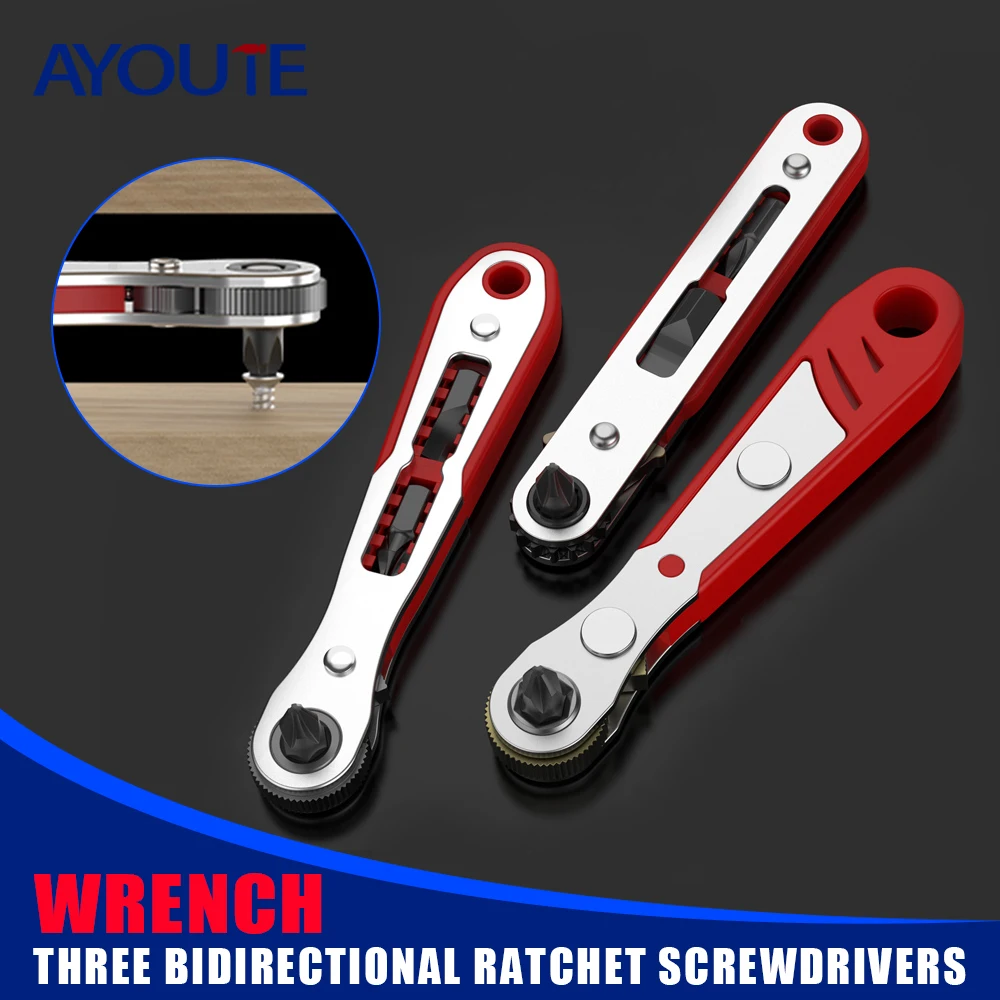 Multifunctional Bidirectional Forward and Reverse Ratchet Elbow Flat Head Wrench Cross Screwdriver Slotted Tool with Bit Set