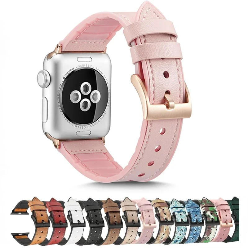 Silicone+Leather Strap for Apple Watch Band 46mm 41mm 44mm40mm 42mm 45mm Men/Women Bracelet Belt for iWatch 11 10 9 8 7 6 5 4 SE