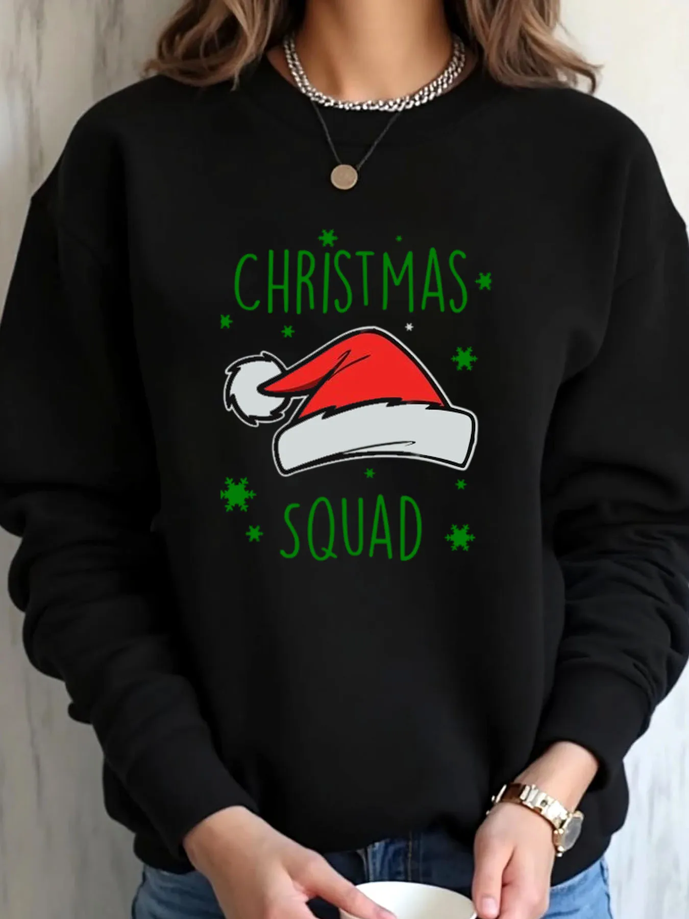 Women Oversized Christmas Sweatshirt Santa Hat Christmas Squad Print Outdoor Wear