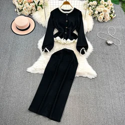 Chic Women Two-Piece Sets Long Sleeve O-neck Patchwork Top and Slim High Waist Split Skirt Korean Fashion Autumn Winter Clothing