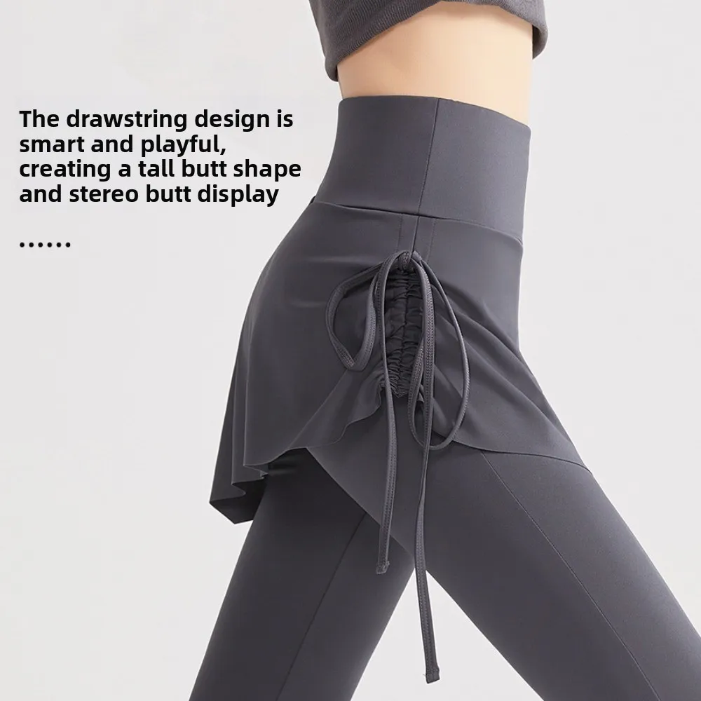

Skirt Design Fitness Leggings Flare Hem High Waist Sports Leggings 2 in 1 Drawstring Sports Yoga Pants Exercise