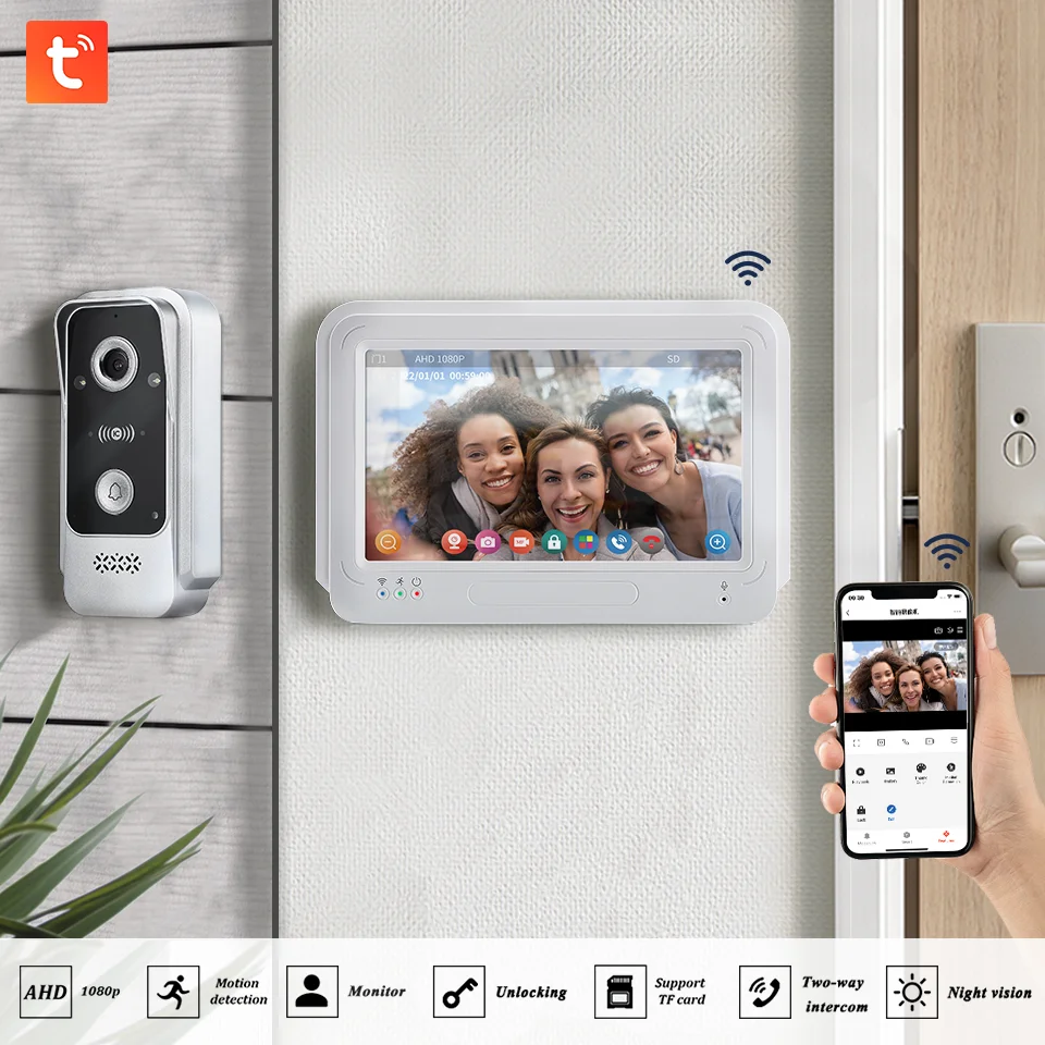 TUYA Wireless Wifi Video Doorbell 1080P 7inch Color Touch Screen Smart APP Home Intercom Kit for RFID Access Control System