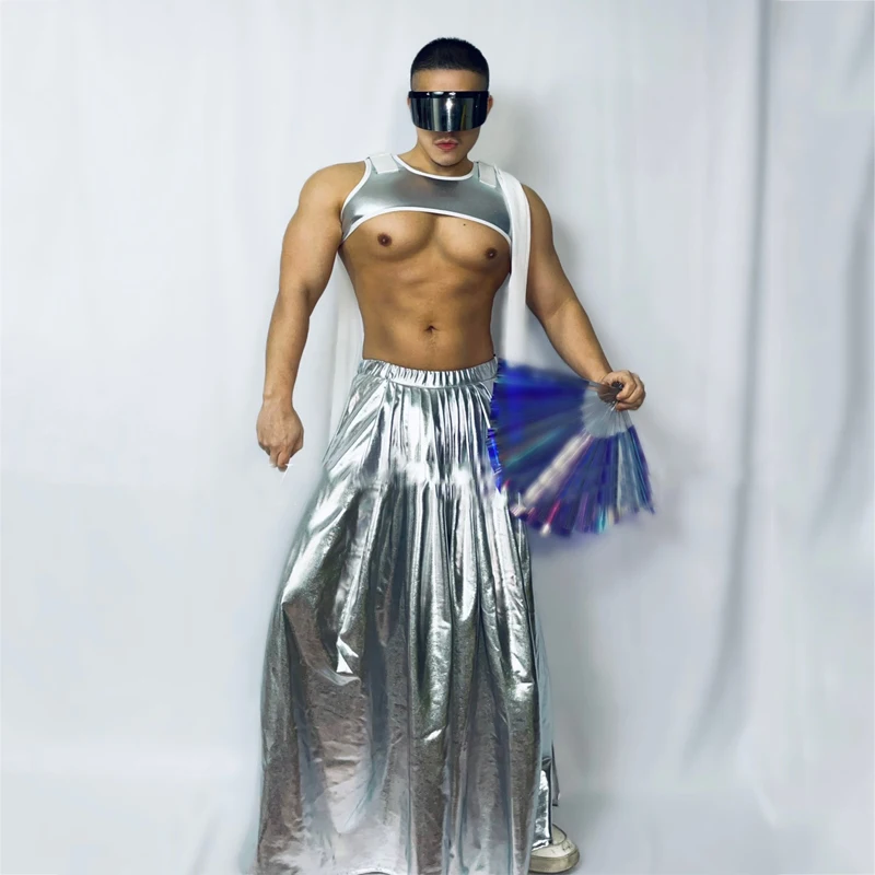 Sexy Silver Laser Vest Long Skirt Men Pole Dance Clothing Stage Performance Dance Costume Rave Outfit Festival Clothes XS3662