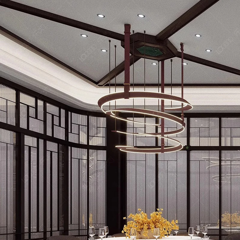 

American minimalist Red leather ring LED chandelier Ceiling lustre for Hotel restaurant Artistic decoration Dimmable
