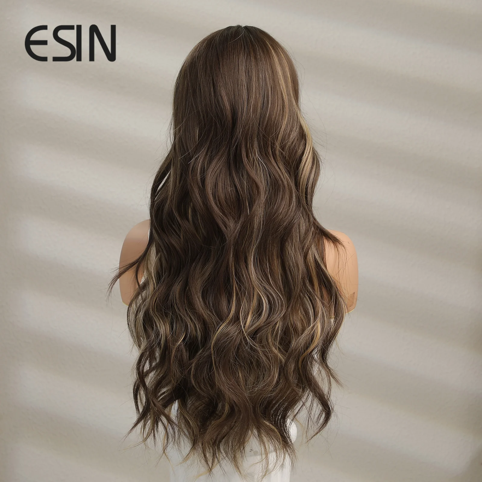 ESIN-Peluca de cabello sintético para mujer, pelo largo con ondas al agua, degradado, Rubio mezclado, marrón, parte media, fiesta Natural, resistente al calor