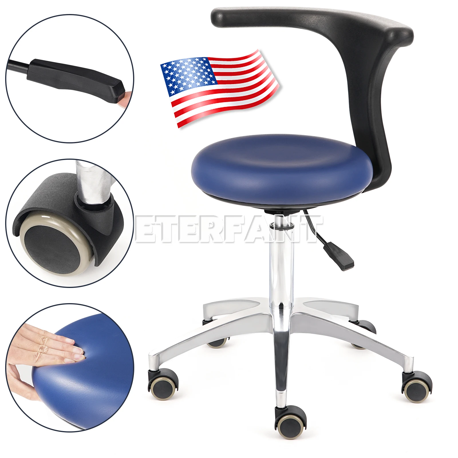 ETERFANT Dental Adjustable Mobile Chair Doctor Assistant Stool PU Leather Blue- Metal Base Portable