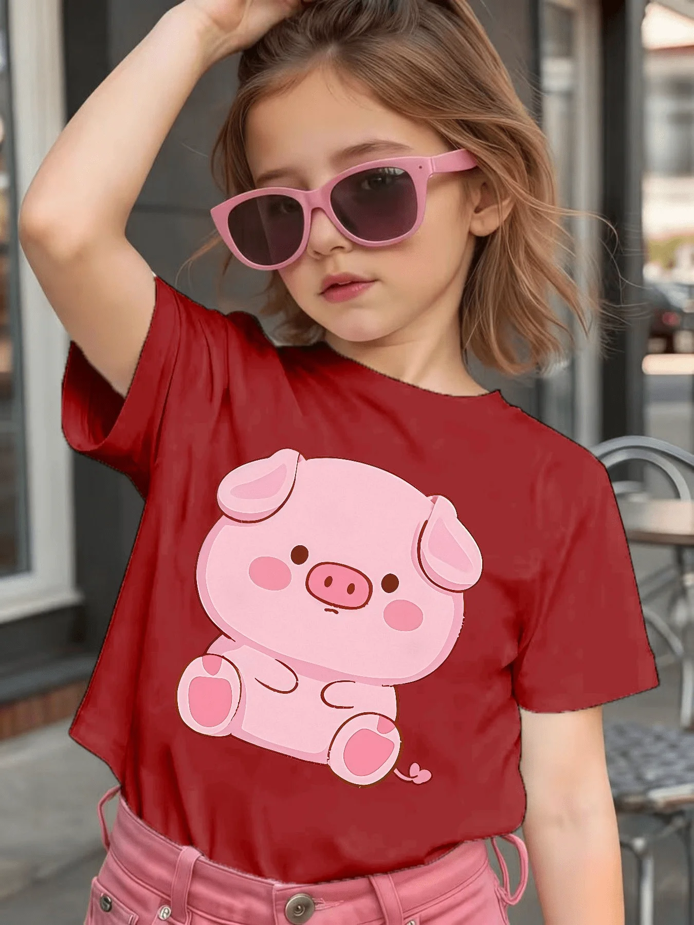 Lovely Sitting Pink Pig Print Kids T Shirt Cotton Short Sleeve Boys Girls Parent Child Matching Gentle Summer Casual Daily Tees