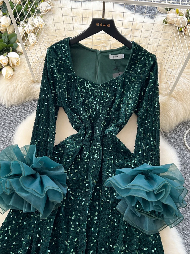 EWQ Women 3D Flower Shaped Sleeve Splicing Temperament Square Neck Sequin Velvet Dress Vestidos Y2k Korean Fashion Autumn 2024