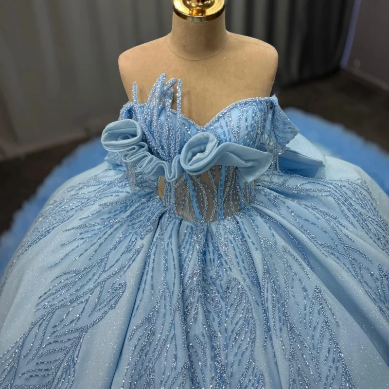 

aqua blue Quinceanera Dress glitter Decal Lace layering flower Long tail Bow Vestidos De 15 Quinceanera ﻿Customize