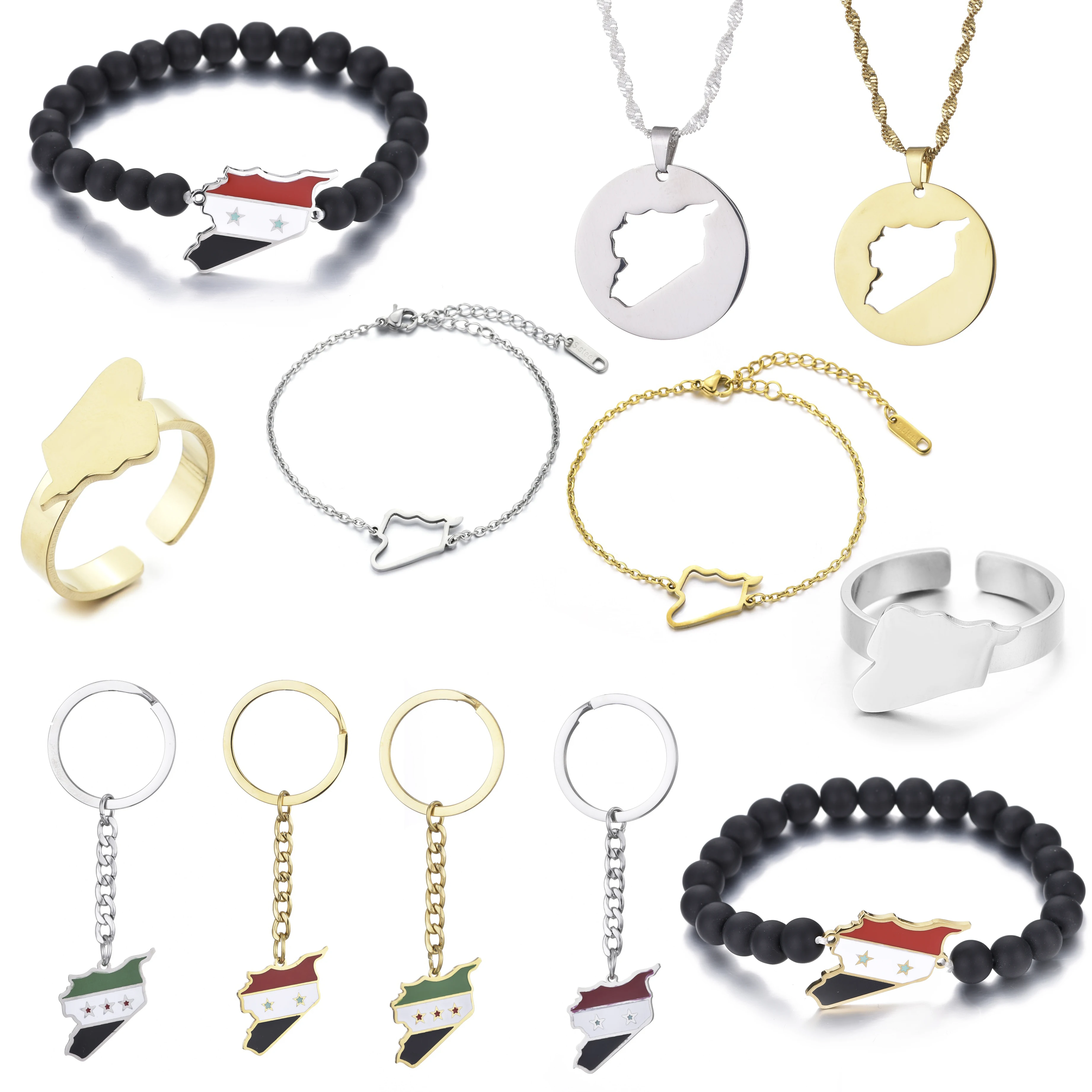 

Syria Map With Flag Pendants Necklaces Keychain Bracelet Ring Jewelry Syrians Maps Chains