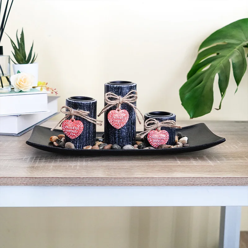 

New Valentine's Day Love Candle Holder Antique Wooden Candle Holder Set Home Living Room Decoration Tea Wax Holder Ornament