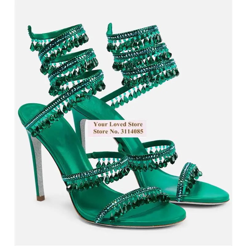 Women Emerald Green Snake Shaped Crystal Beaded Sandals Bling Bling Gem Jewelry Fringe Wedding Shoes Twisted Thin Heel Pumps