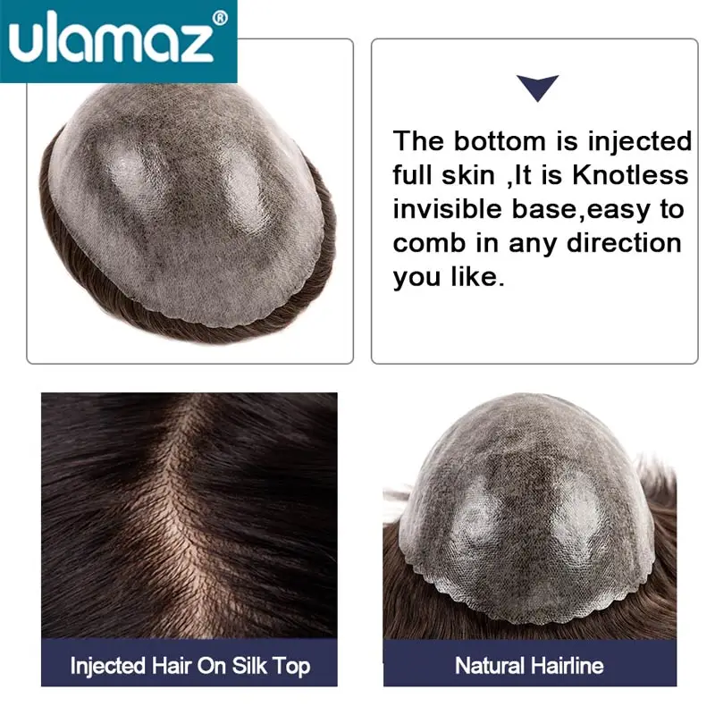 Knotless Skin Male Hair Prosthesis 0.1-0.12mm Skin Hair System For Man Human Hair Men Toupee Men's Capillary Prosthesis Man Wig