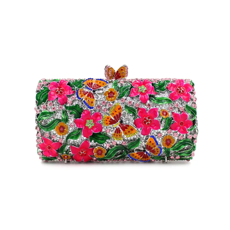 Purple Floral Crystal Women Clutch Bag Fashion Blue Butterfly Evening Clutches Purse Ladies Green Leaves Handbags Female Clutch