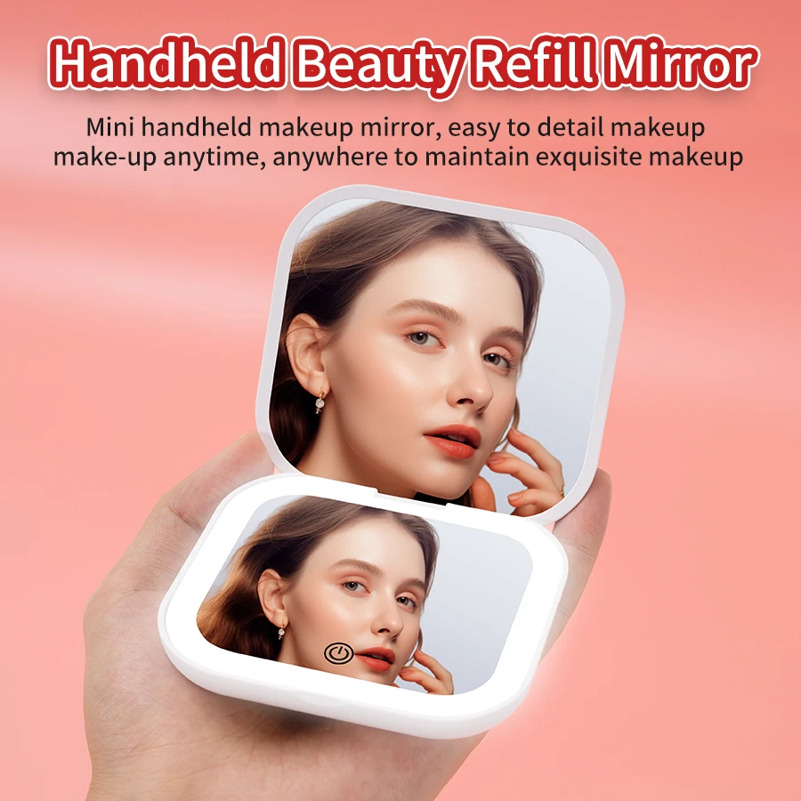 Pocket LED Compact Travel Makeup Mirror with Light Portable Folding Handheld Cosmetic 2X Magnification Small for Christmas Gift