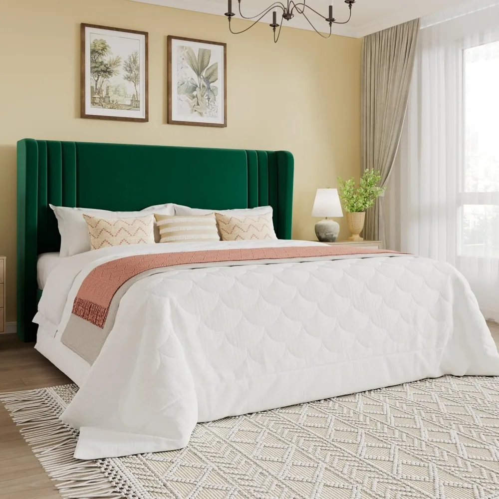 

Queen Size Velvet Upholstered Platform Bed Frame with Vertical Channel Tufted Wingback Headboard, Wooden Slats Suppor