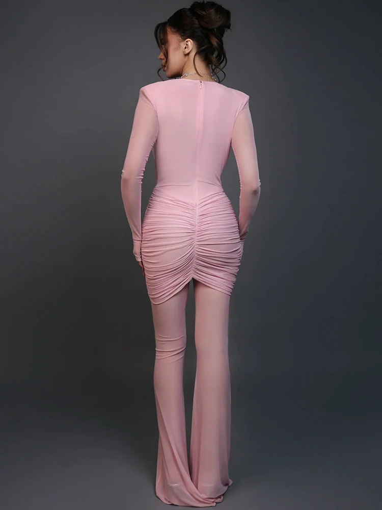 Otoño ajustado elegante fiesta Clubwear Sexy ver a través de cuello en V profundo mujeres mono negro de manga larga mono de cintura alta