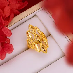 14 K Gold Color Hollow Flower Large Ring for Women Bride Pure Gold Color Ring for Women Bride Birthday Party Jewelry Gifts