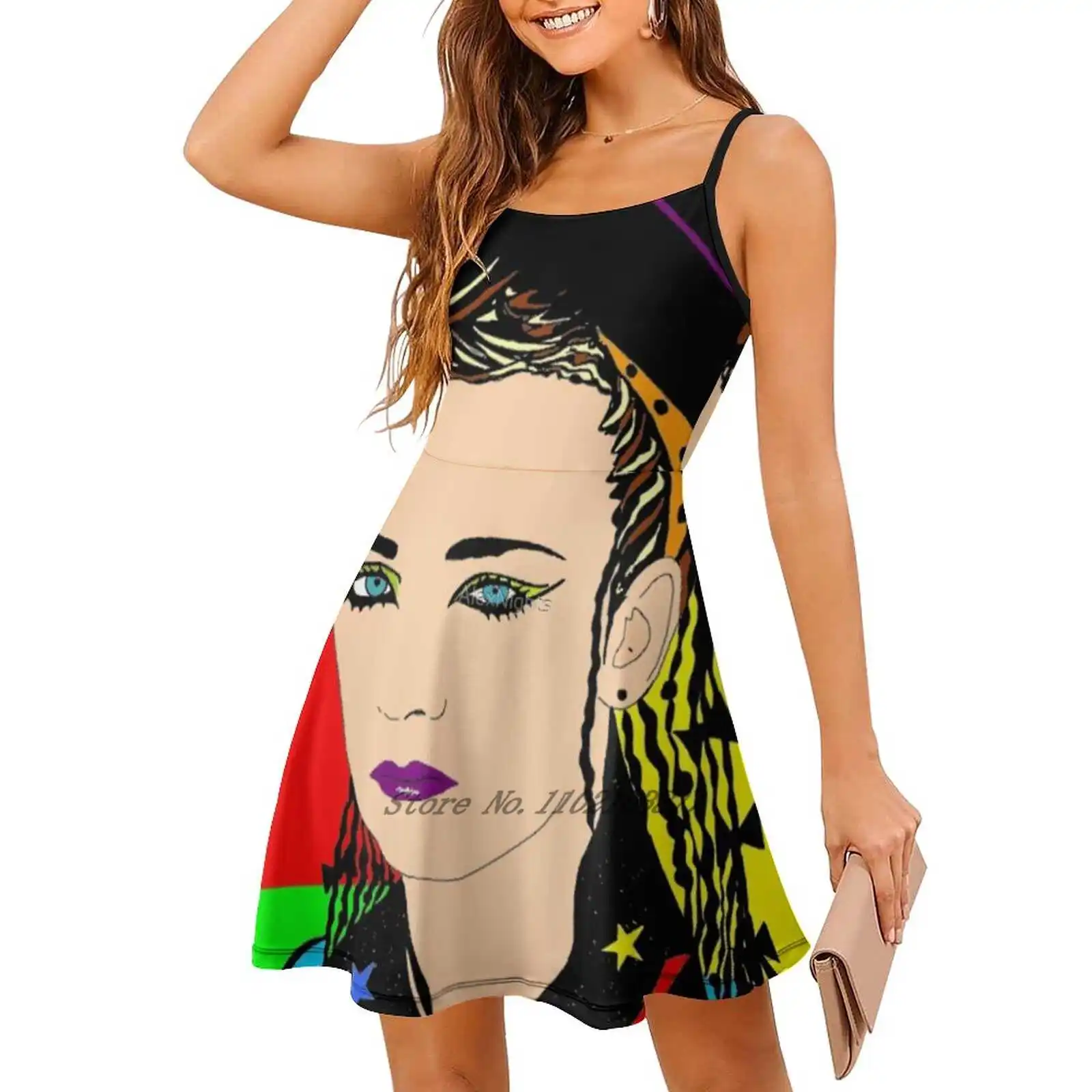 80 Plus Loose Pocket Dress Summer Sexy V Neck Dress Print Short Sleeve Dress Art Fashion Young Portrait Popart Modernart Music