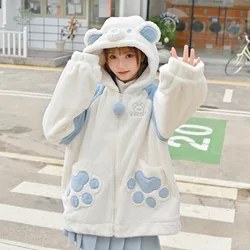 Preppy Style Patchwork Y2k Bear Hooded Zip-up Jackets Women Kawaii Sweet Lamb Wool Coats Winter Korean Fleece Sweatshirts