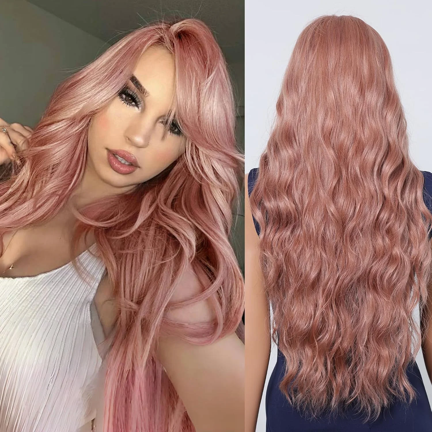 

Pink Synthetic Wigs For Women Long Wavy Lace Hairline Wig 30 Inch Middle Part Pink Wig Heat Resistant Wig for Daily Party