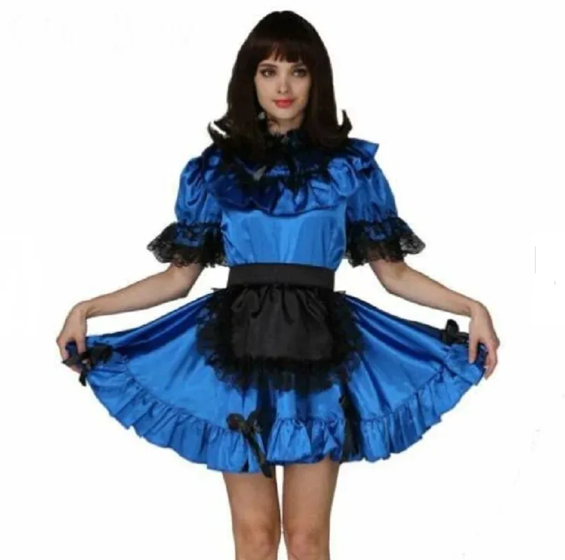 

Sissy Lockable Cosplay Blue Maid Outfit Friend Uniform Satin Dress Adult Women's Fantasy Carnival Customization