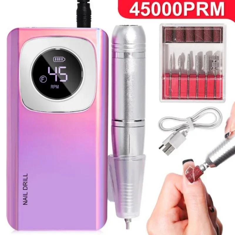 Profissional recarregável elétrica Nail Drill Machine, Portable Cordless Nail File, Acrílico Gel Nails Remover, Original 45000RPM