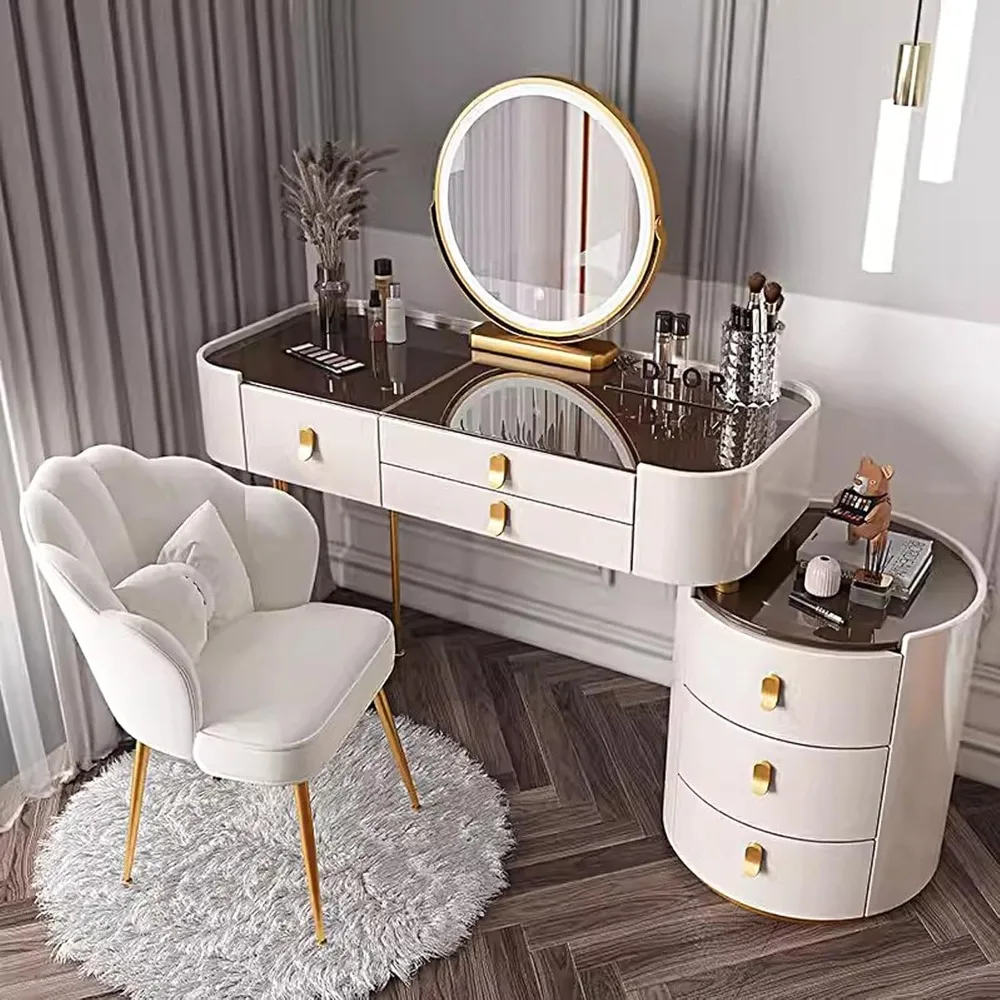 

Makeup Vanities, LED Mirror Stool Side Cabinet, Modern Wood Metal Glass Makeup Table, Makeup Vanitie