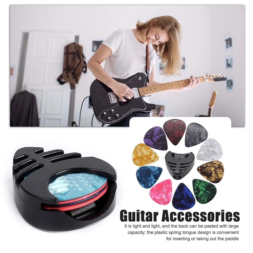 Guitar Picks 0.46mm & Guitar Pick Holder Set For Acoustic Guitar Electric Guitar Bass Ukulele Stick-on Holder (Random Color)