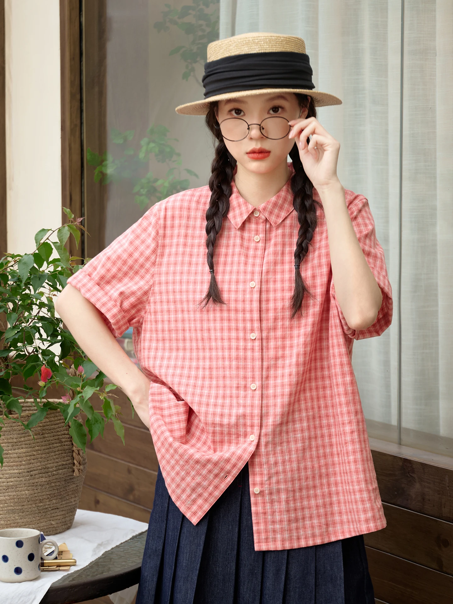 

Sweet Pink Cotton Linen Plaid Shirt Women Summer Thin Loose Casual Short Sleeve Button up Vintage Style Skin-friendly Breathable