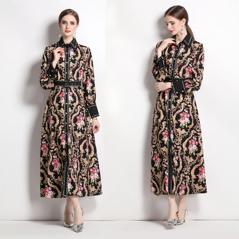 Autumn New Fashion Vintage Print Midi Dress for Women Elegant Black Flowers Print Belt Single-breasted Shirt Dress Female