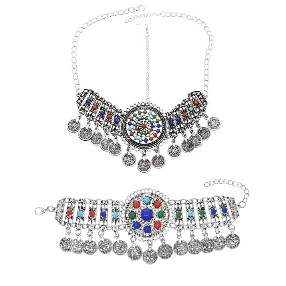 Pakistan Ethnic Colorful Bead Coin Headpiece Necklace Earrings Bracelet Set for Women Afghan Indian Moroccan Traditional Jewelry
