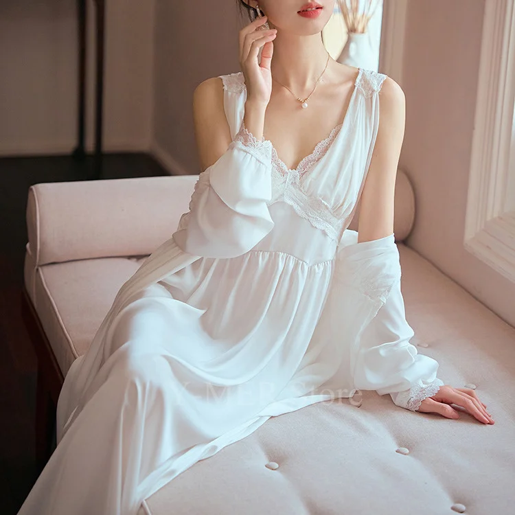 White Bride Wedding Dress Robe Set 2Pcs Kimono Bathrobe Elegant Princess Style Homewear Loose Sleep Set Lady Satin Nightgown