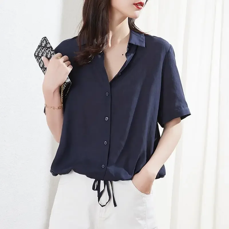 Women Summer Simplicity Commuting Drawstring Solid Color Large Size Shirts Women Clothes Casual All-match Appear Thin Top Tee