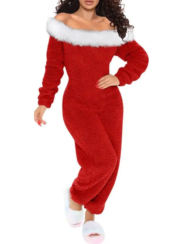 ชุดนอนพิมพ์ลายคริสต์มาสสีแดงสำหรับผู้หญิง จั๊มสูทลำลองแขนยาว ชุดนอนติดกระดุมด้านหน้า ชุดนอนแบบมีกระดุม