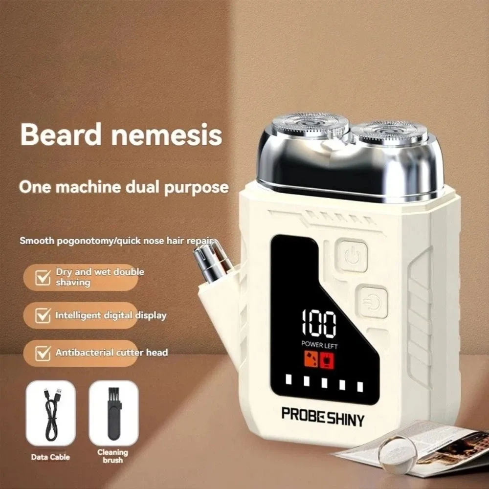 

2in1 Mini Electric Shaver Painless Waterproof Portable Rotary Razor Double Head with Mirror Smart Nose Hair Clipper Travel Use