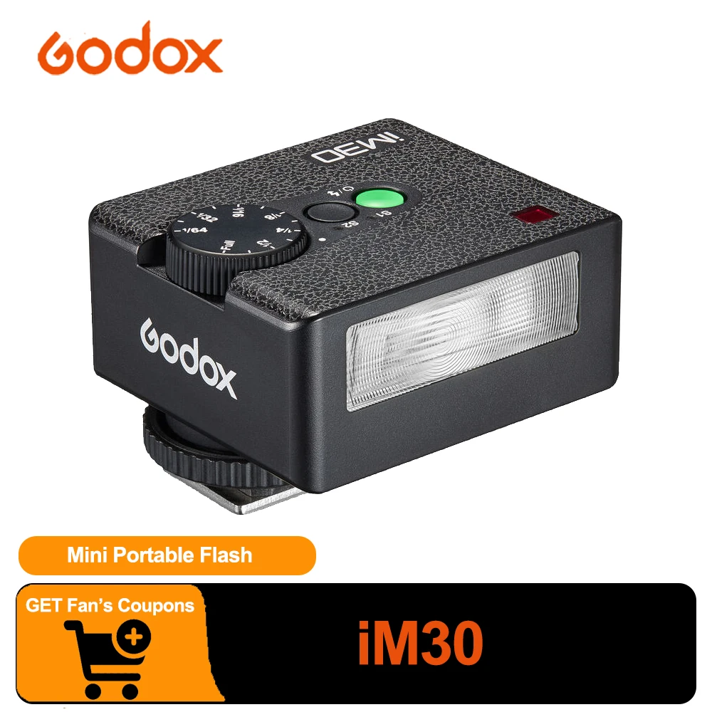 Flash portátil Godox iM30 Mini para cámaras Canon, Fuji f1-230, Sony zv1, Ricoh, Nikon, Panasonic, Olympus, Pentax y la mayoría de cámaras réflex.