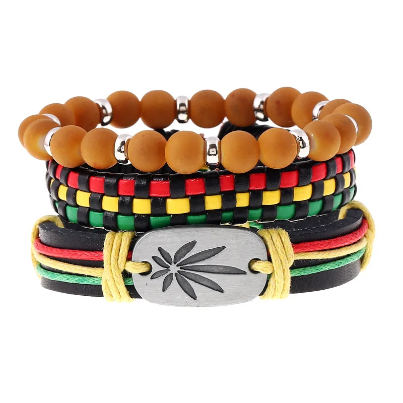 New fashion Jamaica set red yellow green woven cowhide bracelet DIY leather jewelry hiphop hip Hop hiphop dance