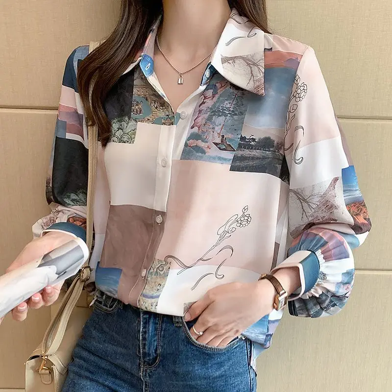 Vintage Fashion Printing Long Sleeve Shirt Women\'s Clothing 2022 Spring Korean Turn-down Collar Single-breasted Casual Blouses