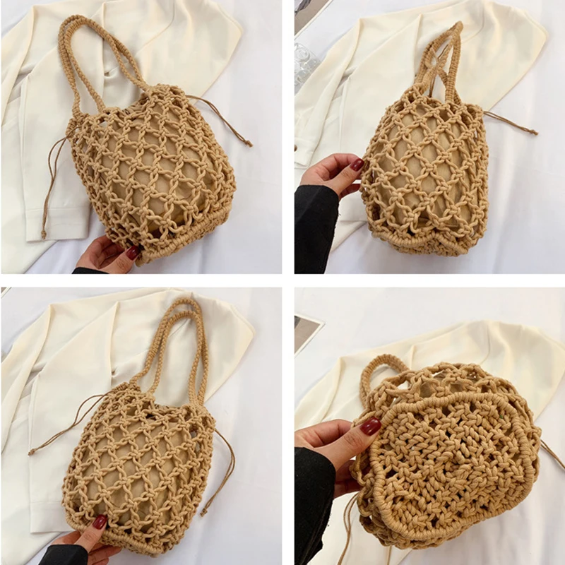 Sommer Strand Tasche Für Frauen Mesh Seil Gestrickte Eimer Schulter Taschen Reticulate Hohl Reise Shopper Totes Damen Mode Handtasche – Detail 19