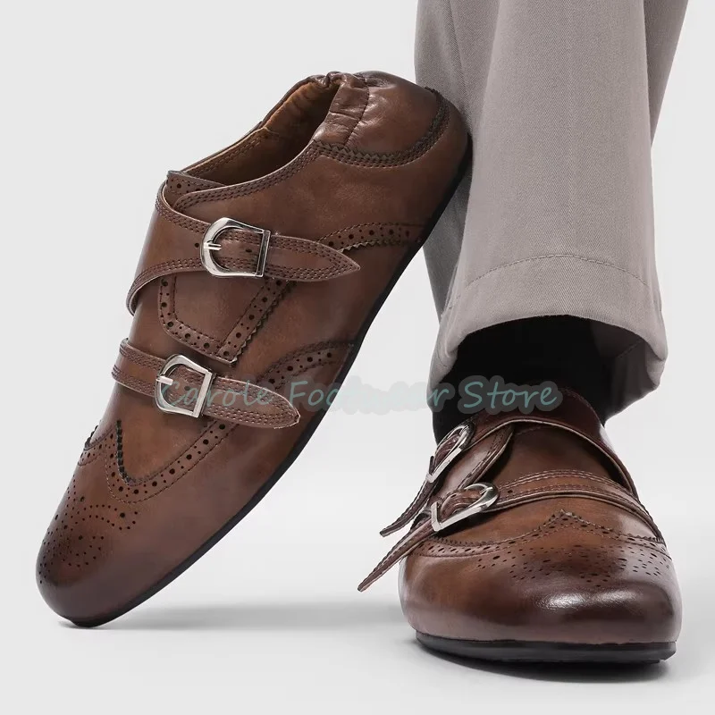 Britischer Stil Gürtelschnallen-Brogue-Schuhe aus Leder für Herren, handgefertigt, runde Zehenpartie, Slip-On, lässige flache Schuhe für den Außenbereich, Herren-Freizeitschuhe