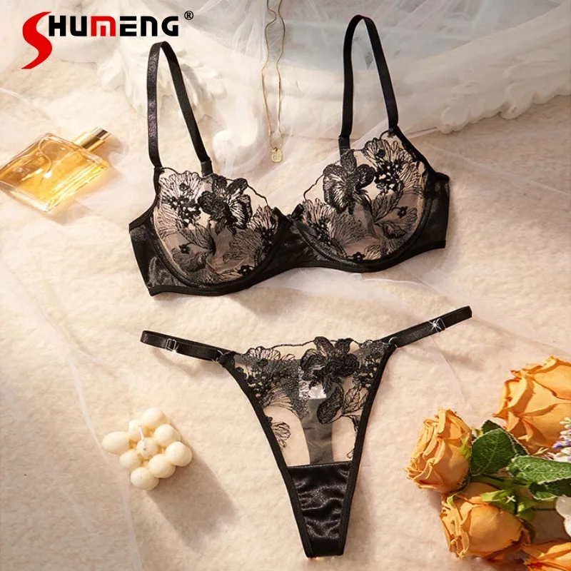 

Pure Desire Style Sexy Lingerie Set for Women Embroidered Sheer Bra Suit with Underwire Female Push Up Underwear Intimates