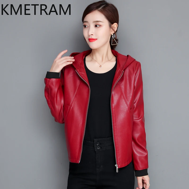 KMETRAM-Veste en cuir de mouton véritable pour femme, manteau court à capuche coréen, vêtements pour femmes, printemps, automne