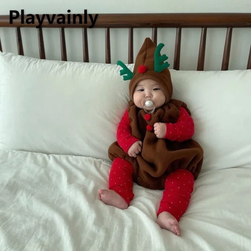 2025年新作クリスマスベビー服ノースリーブボディスーツ-可愛い鹿帽子または赤い水玉模様長袖セット男の子女の子クリスマスウェアa8195