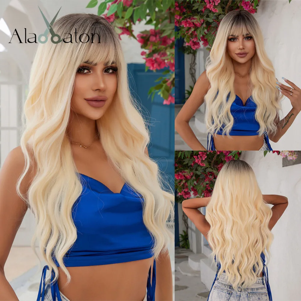 

ALAN EATON Ombre Blonde Natural Wavy Wigs with Bangs Long Layered Synthetic Wig for Women Dark Roots Blonde Hair Daily Party Use