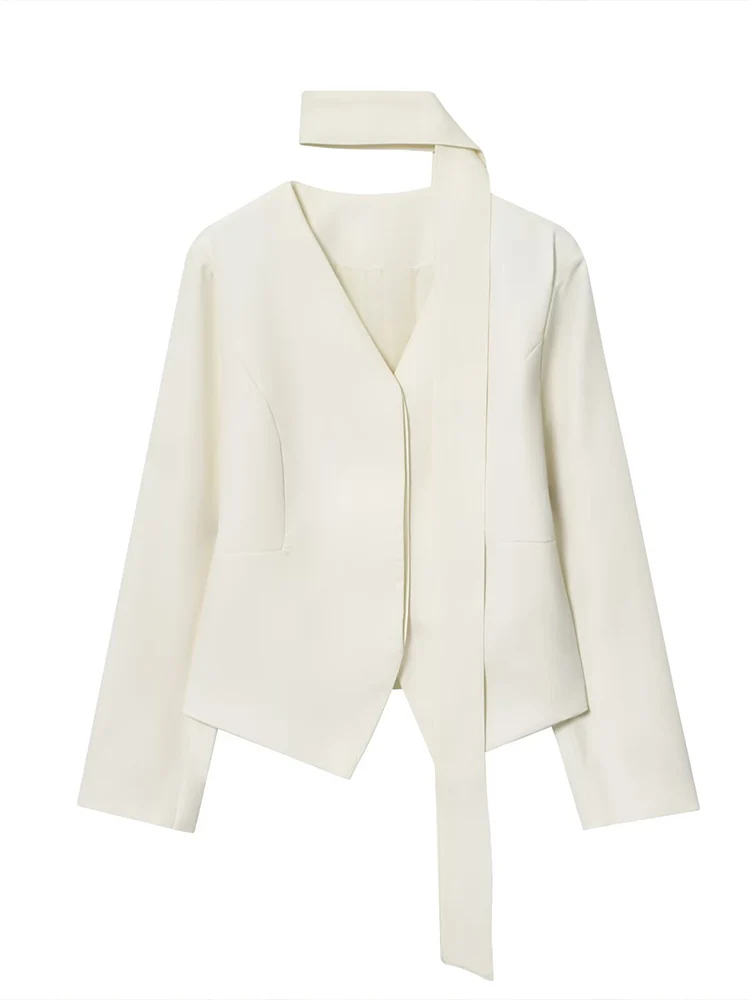 

European style new women's fashion versatile temperament solid color scarf V neck long sleeve suit jacket