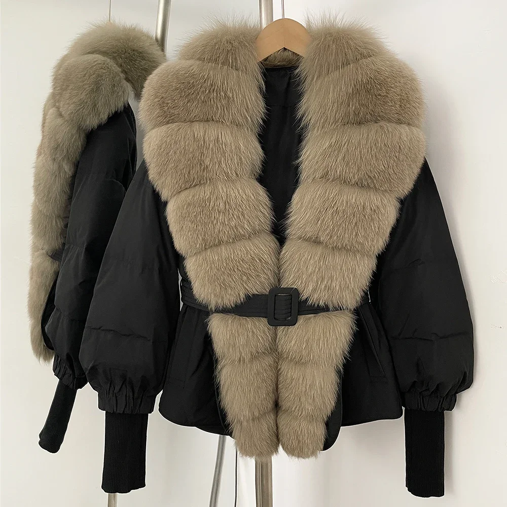 

Women Duck Down Coat Female Belt New Autumn Winter Natural Fox Fur Fluffy Puffer Jacket Thick Warm Real Fur Jacket outerwears